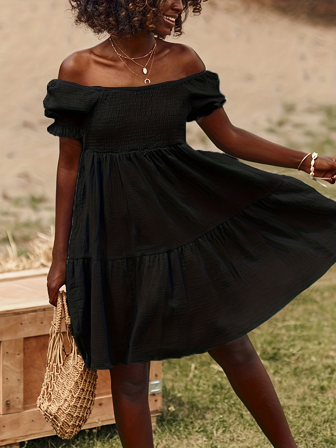 Off-Shoulder Short Sleeve Dress