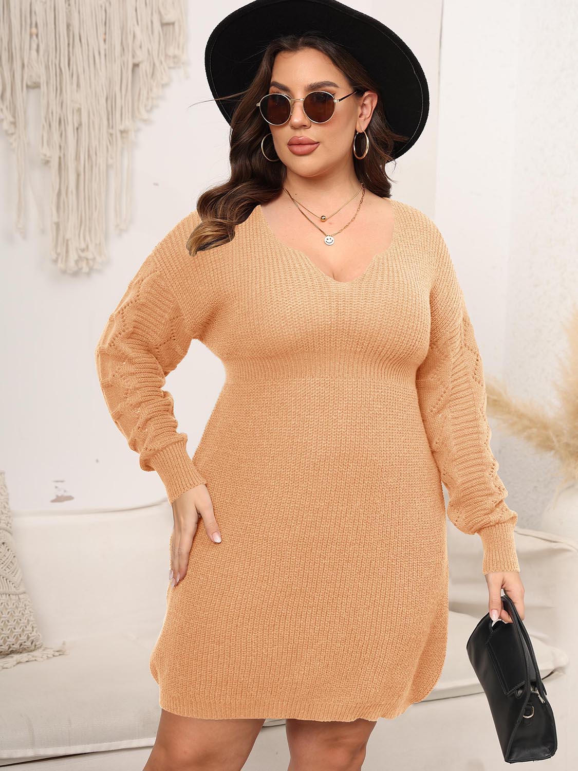 Plus Size Dropped Shoulder Long Sleeve Knit Mini Dress