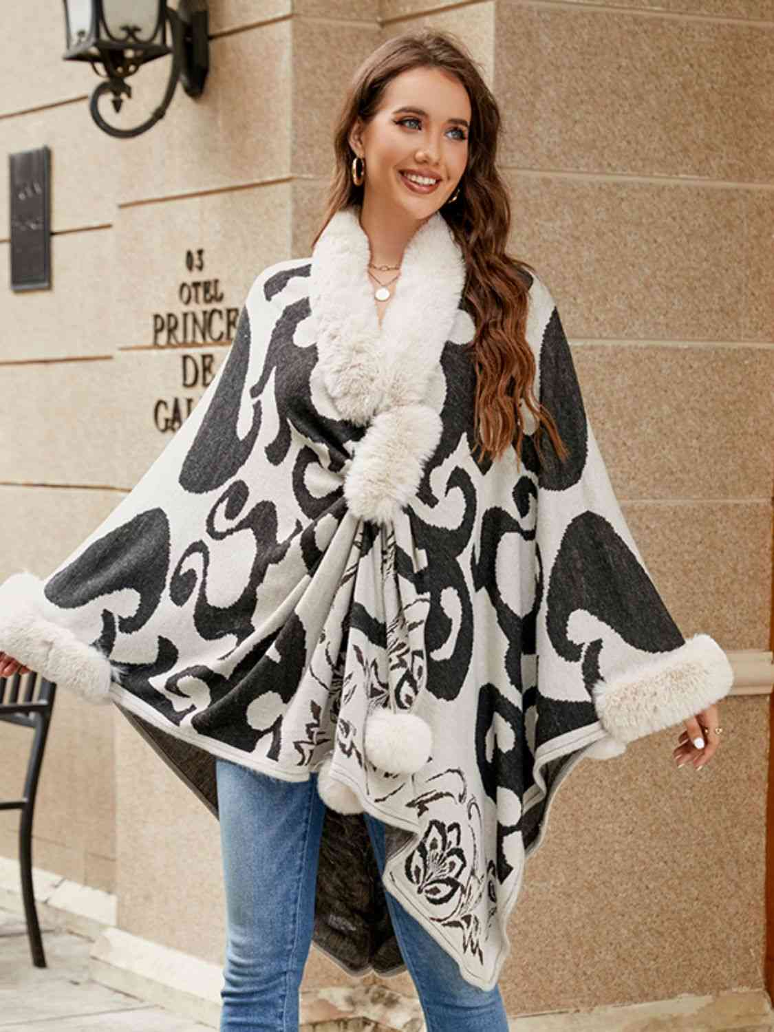 Self care Day Faux Fur Trim Poncho