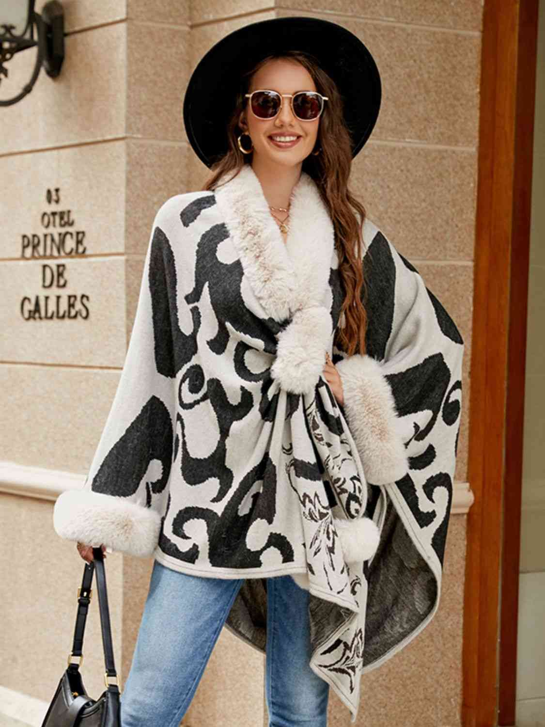 Self care Day Faux Fur Trim Poncho