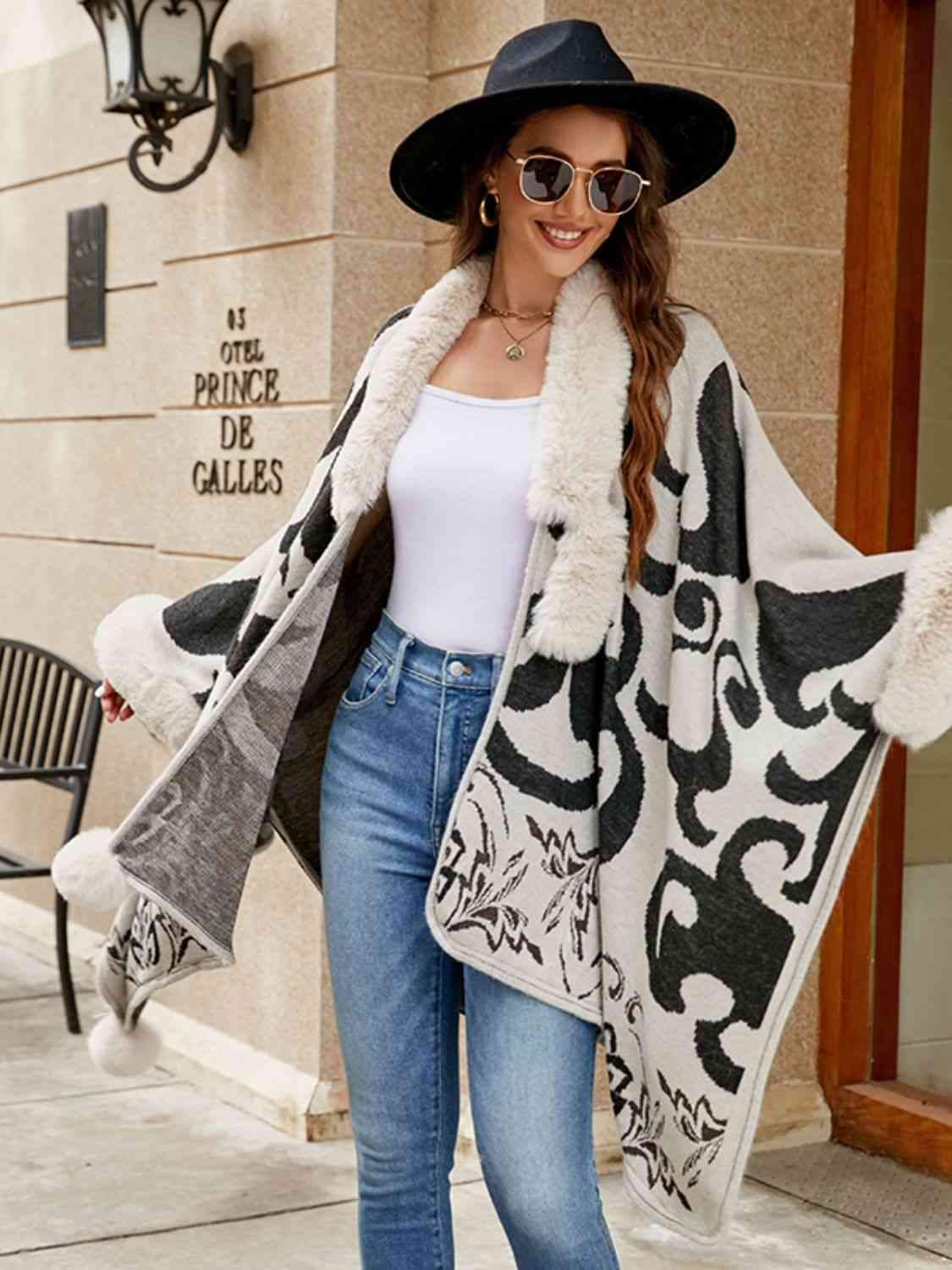 Self care Day Faux Fur Trim Poncho